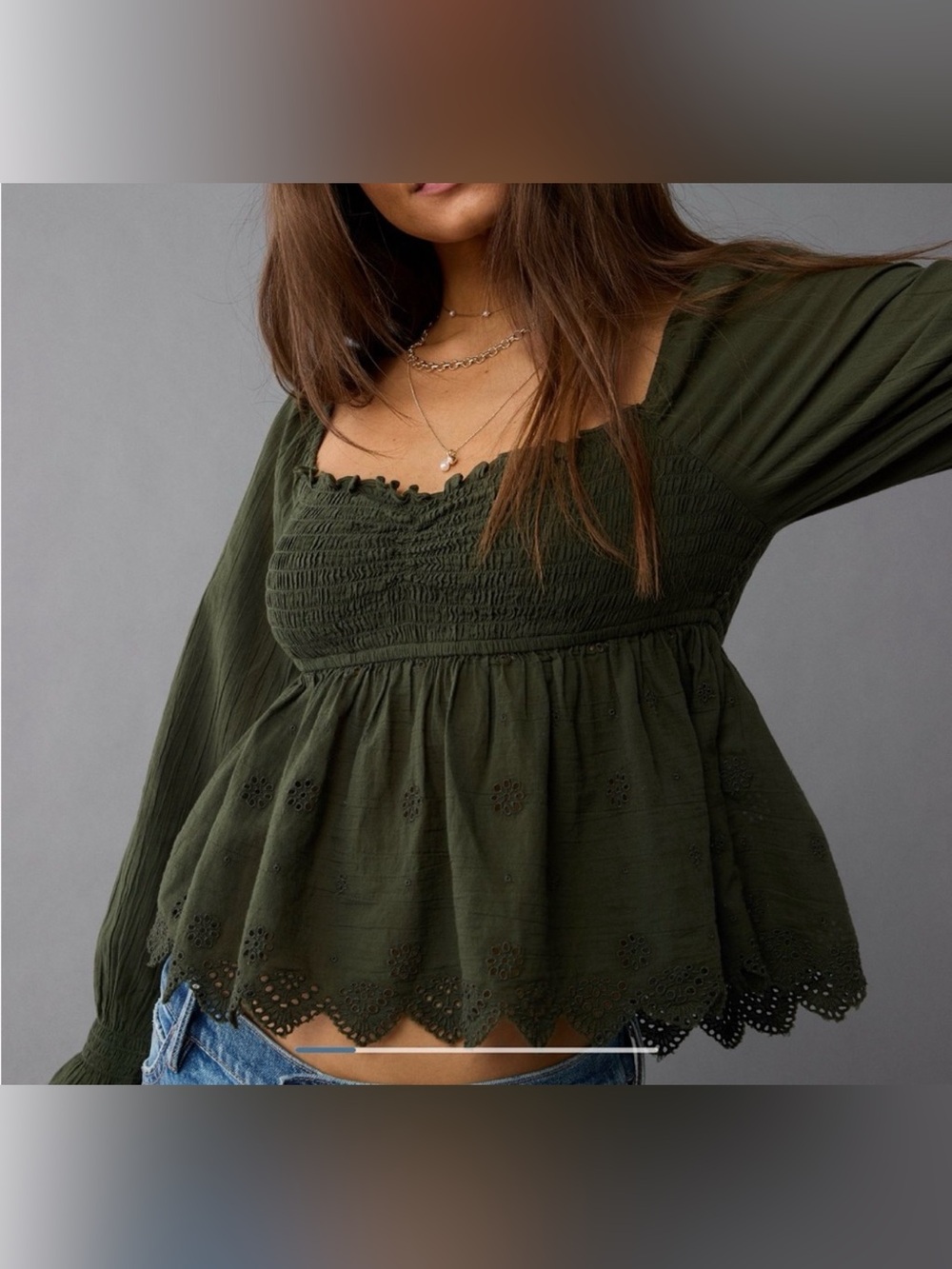 Olive Green Smocked Peasant Top - Women American Eagle